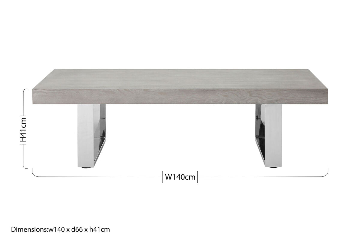 Grey Elm Wood Low Coffee Table with Silver U-Shaped Steel Legs | Ulmus