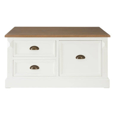 Fir Wood Veneer Top and White Wooden Square Coffee Table with 3 Drawers, Hardwick