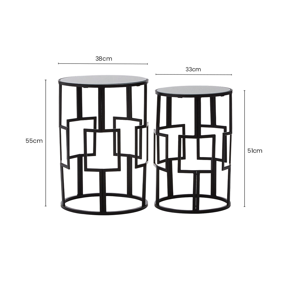 Set of 2 Black Square Metal Frames Nesting Tables with Mirrored Tops, Avantis