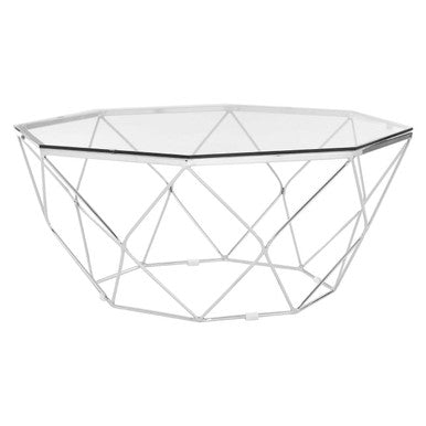 Hexagon Tempered Glass Top Coffee Table with Silver Chrome Geometric Base | Allure