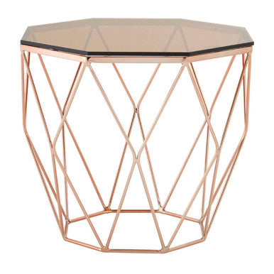 Rose Gold Metal Geometric Side Table with Hexagonal Tempered Glass Top | Allure