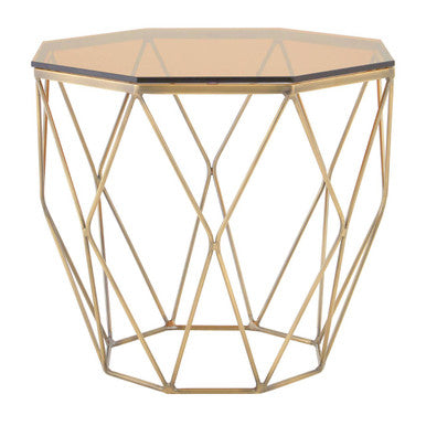 Brush Brushed Bronze Metal Geometric Side Table with Hexagonal Tempered Glass Top | Allure