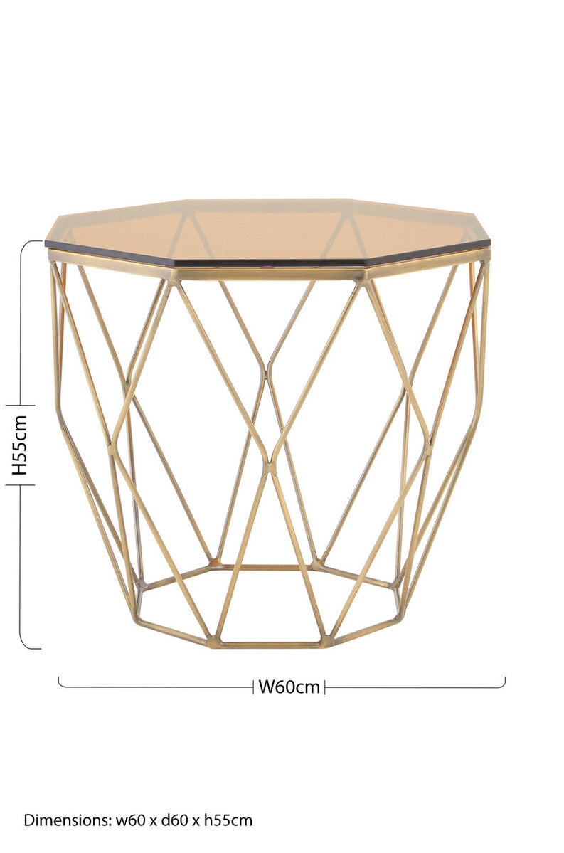 Brush Brushed Bronze Metal Geometric Side Table with Hexagonal Tempered Glass Top | Allure