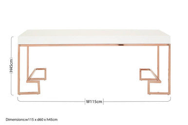 White High Gloss Wood Top Coffee Table with Rose Gold Angled Stainless Steel Leg | Allure