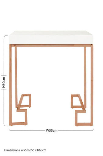 White High Gloss Wood Top End Table with Rose Gold Angled Stainless Steel Leg | Allure