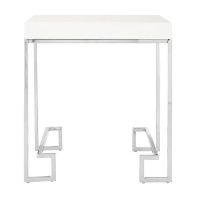 White High Gloss Wood Top End Table with Silver Chrome Angled Stainless Steel Leg | Allure