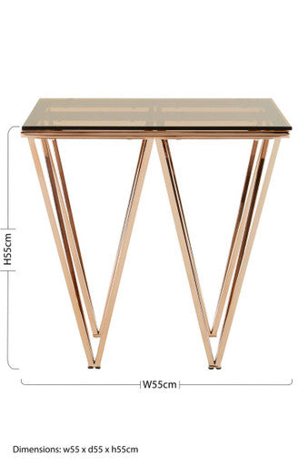 Amber Tinted Glass Top End Table with Rose Gold Prismatic Legs | Allure