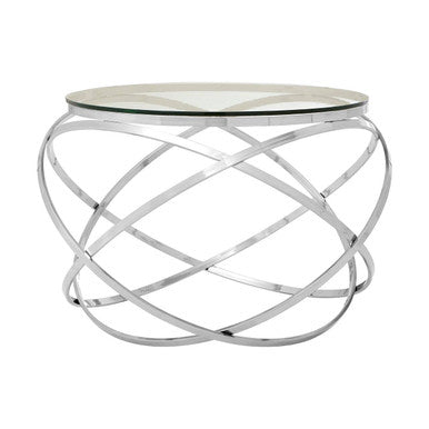 Clear Glass Round Top End Table with Silver Stainless Steel Overlapping Hoop Base | Allure
