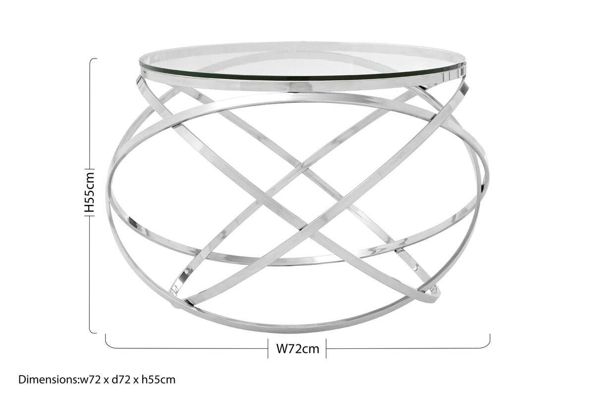 Clear Glass Round Top End Table with Silver Stainless Steel Overlapping Hoop Base | Allure
