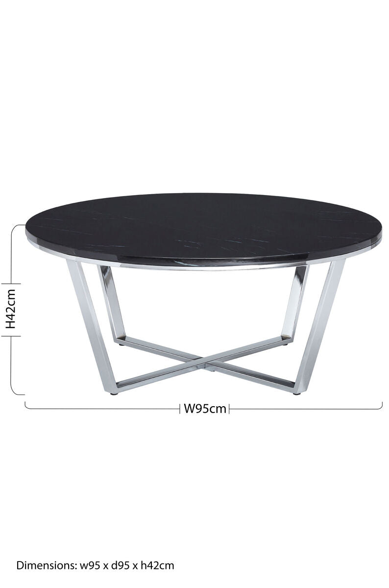 Round Black Faux Marble Coffee Table with Chrome Lattice Leg Design | Allure