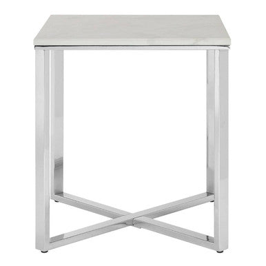 Square White Faux Marble End Table with Silver Chrome Metal Legs | Allure