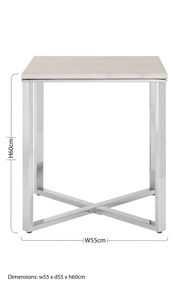 Square White Faux Marble End Table with Silver Chrome Metal Legs | Allure