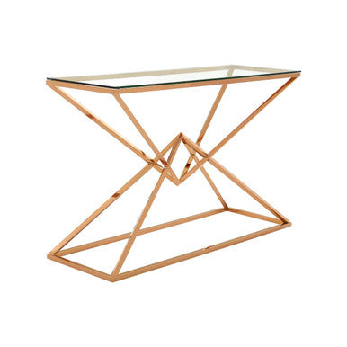Corseted Rose Gold Steel Base Console Table with Tempered Glass Top | Allure