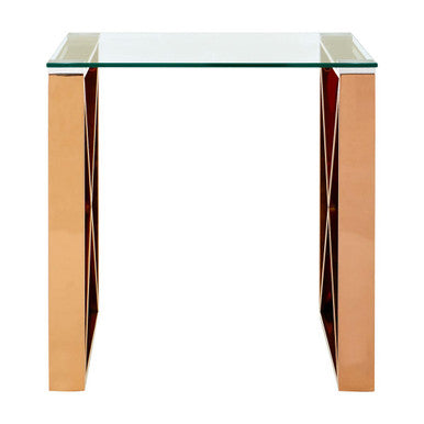 Rose Gold Stainless Steel Cross Legs End Table with Tempered Glass Top | Allure