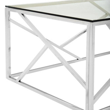 Rectangular Tempered Glass Top Coffee Table with Champagne Gold Geometric Steel Legs | Allure