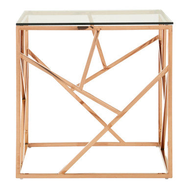 Rose Gold Geometric Stainless Steel End Table with Tempered Glass Top | Allure