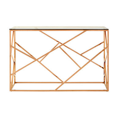 Rose Gold Stainless Steel Geometric Console Table with Tempered Glass Top, Allure