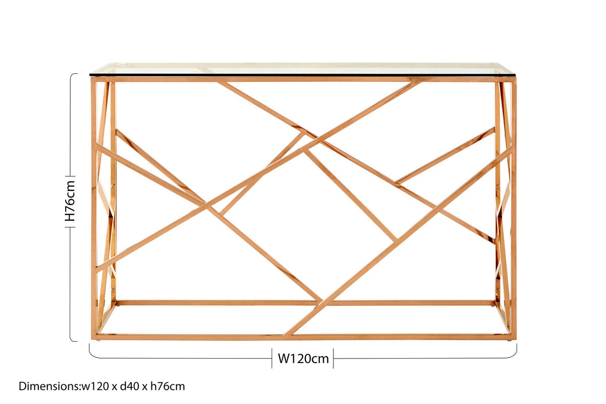 Rose Gold Stainless Steel Geometric Console Table with Tempered Glass Top | Allure