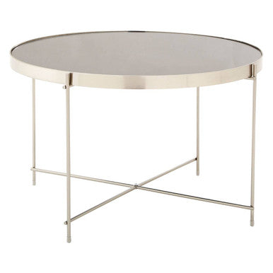 Large Round Grey Mirrored Side Table with Brushed Nickel Lattice Base | Allure