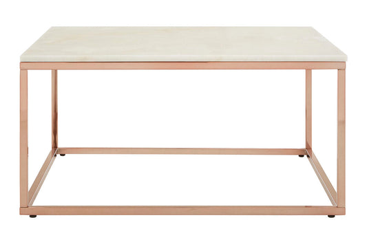 Square White Marble Top Coffee Table in Rose Gold Finish Stainless Steel Legs | Allure