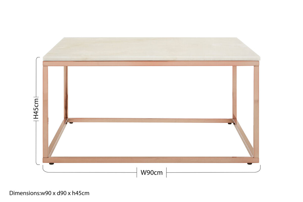 Square White Marble Top Coffee Table in Rose Gold Finish Stainless Steel Legs | Allure