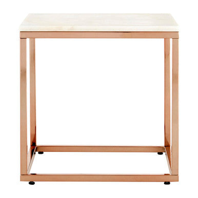 Square White Marble Top End Table with Rose Gold Metal Frame | Allure