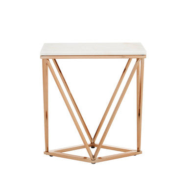 White Marble Champagne Rectangular End Table with Rose Gold Metal Frame | Allure