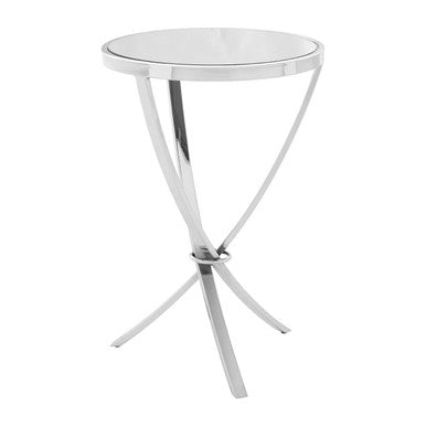 Silver Mirrored Glass Top Round Side Table with Bow-Shaped Metal Legs | Allure