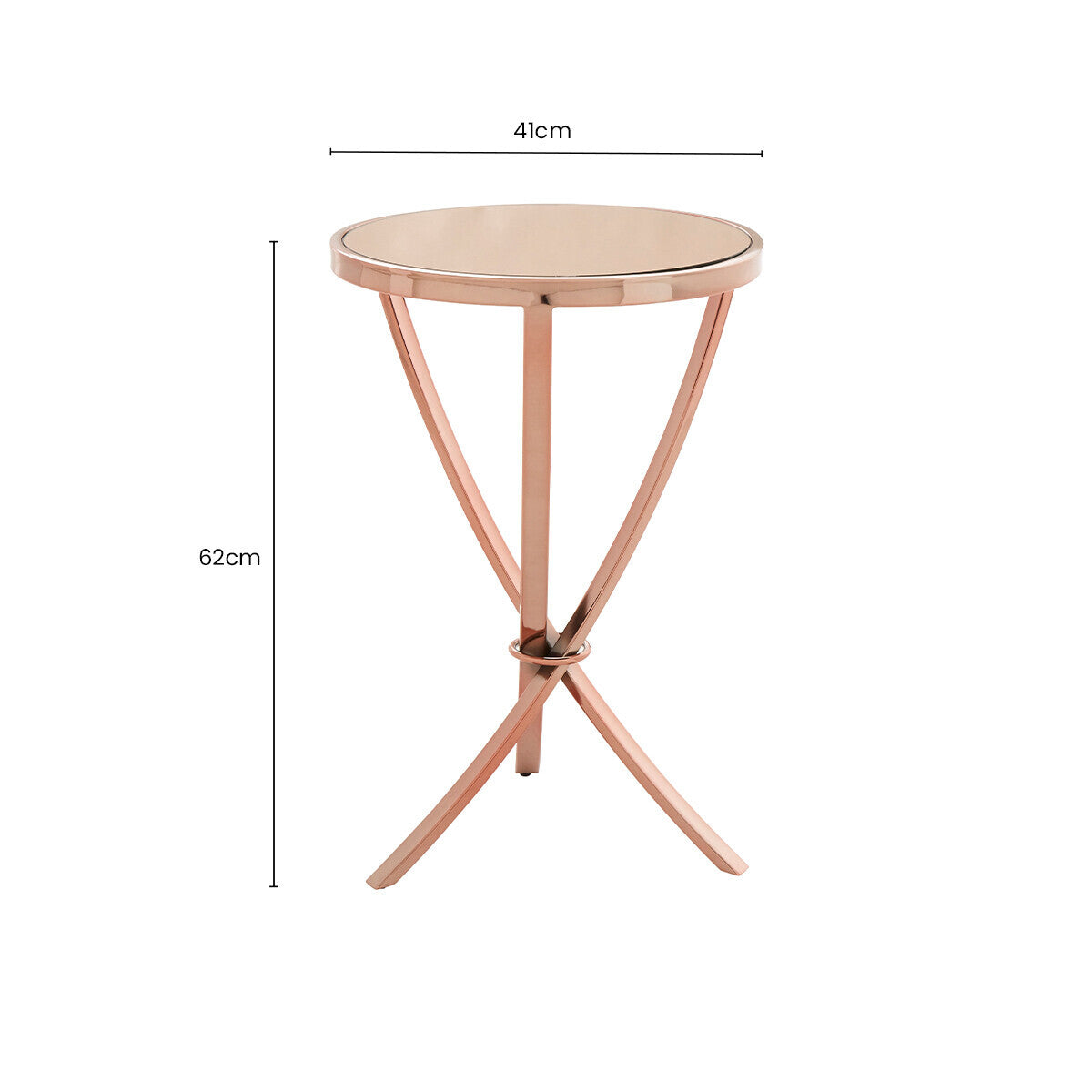 Rose Gold Mirrored Glass Top Round Side Table with Bow-Shaped Metal Legs | Allure