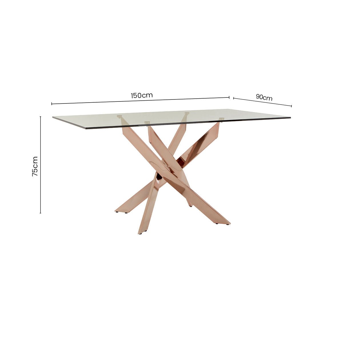 Rectangular Tempered Glass Top Dining Table with Intersecting Rose Gold Stainless Steel Base | Allure