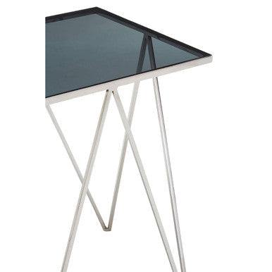 Black Square Tempered Glass Top Side Table with Polished Stainless Steel Zig-Zag Legs | Shalimar