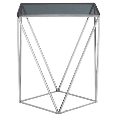 Black Square Tempered Glass Top Prism Side Table with Polished Stainless Steel Base | Shalimar