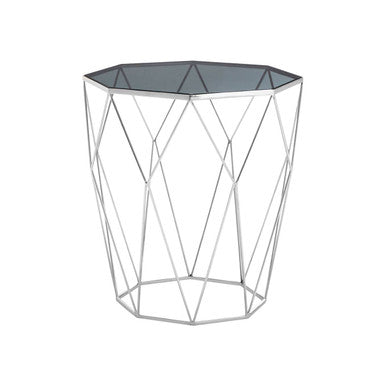 Silver Tempered Glass Top Octagonal Side Table with Stainless Steel Legs | Shalimar