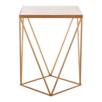 Natural Round Marble Top Side Table with Geometric Gold Metallic Base | Shalimar