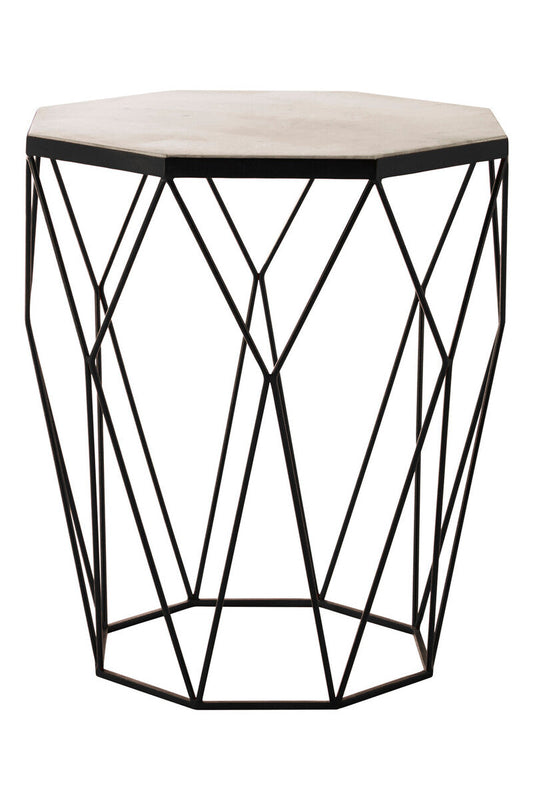 Natural White Octagon Marble Top and Matte Black Steel Legs Side Table, Shalimar