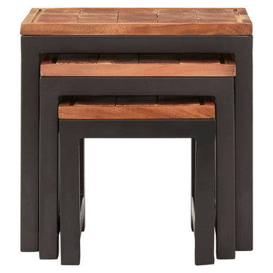 Natural Wood Top Nesting Tables Set of 3 with Black Metal Legs | Artisan