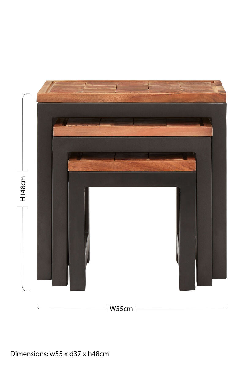 Natural Wood Top Nesting Tables Set of 3 with Black Metal Legs | Artisan
