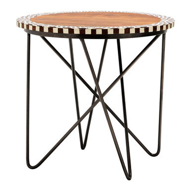 Natural Geometric Acacia Wood Round Side Table with Black Metal Legs | Artisan