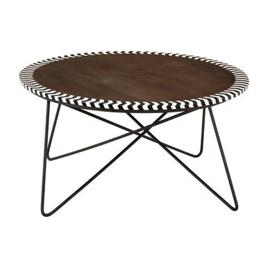 Natural Acacia Wood Coffee Table with Chevron Trim and Black Iron Hairpin Legs | Artisan
