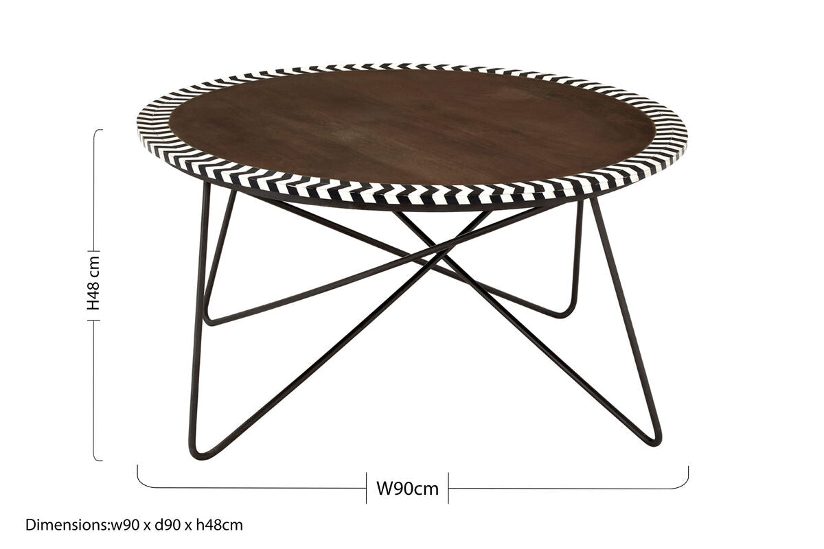 Natural Acacia Wood Coffee Table with Chevron Trim and Black Iron Hairpin Legs | Artisan