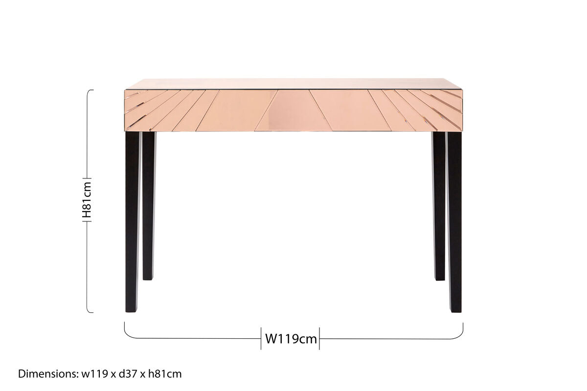 Rose Gold Mirrored Console Table with Sunburst Engraving and Black Legs | Kensington Townhouse
