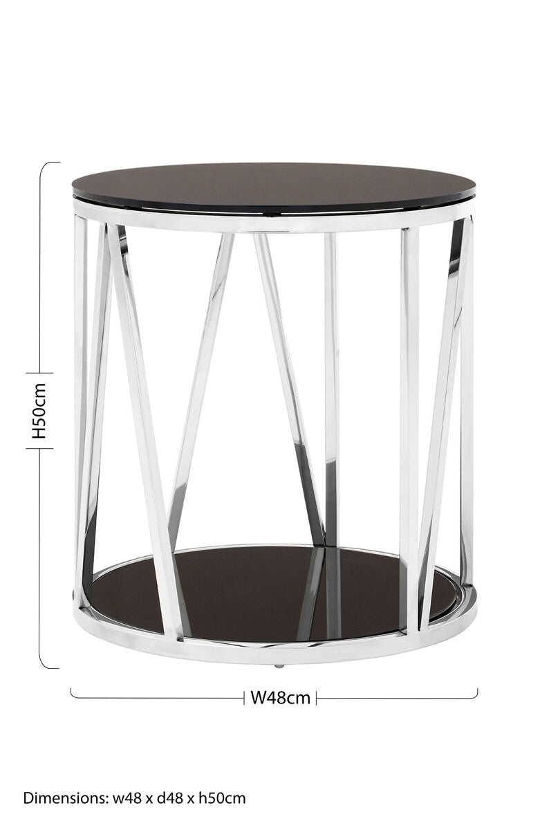 Alvaro Chrome Stainless Steel Side Table with Black Tempered Glass Top
