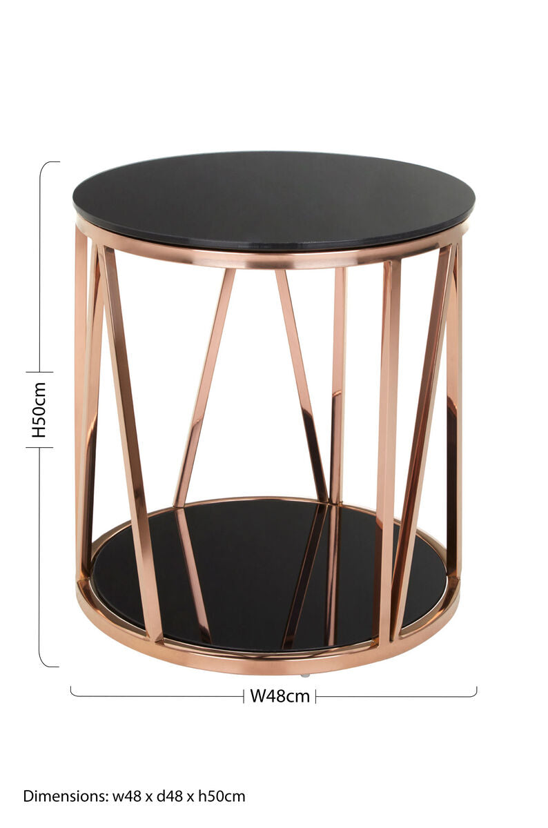 Alvaro Rose Gold Stainless Steel Side Table with Black Tempered Glass Top