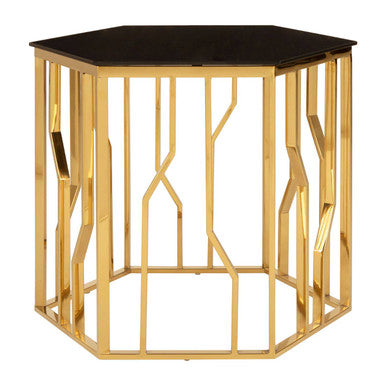 Alvaro Gold Stainless Steel Hexagonal Side Table with Black Glass Top