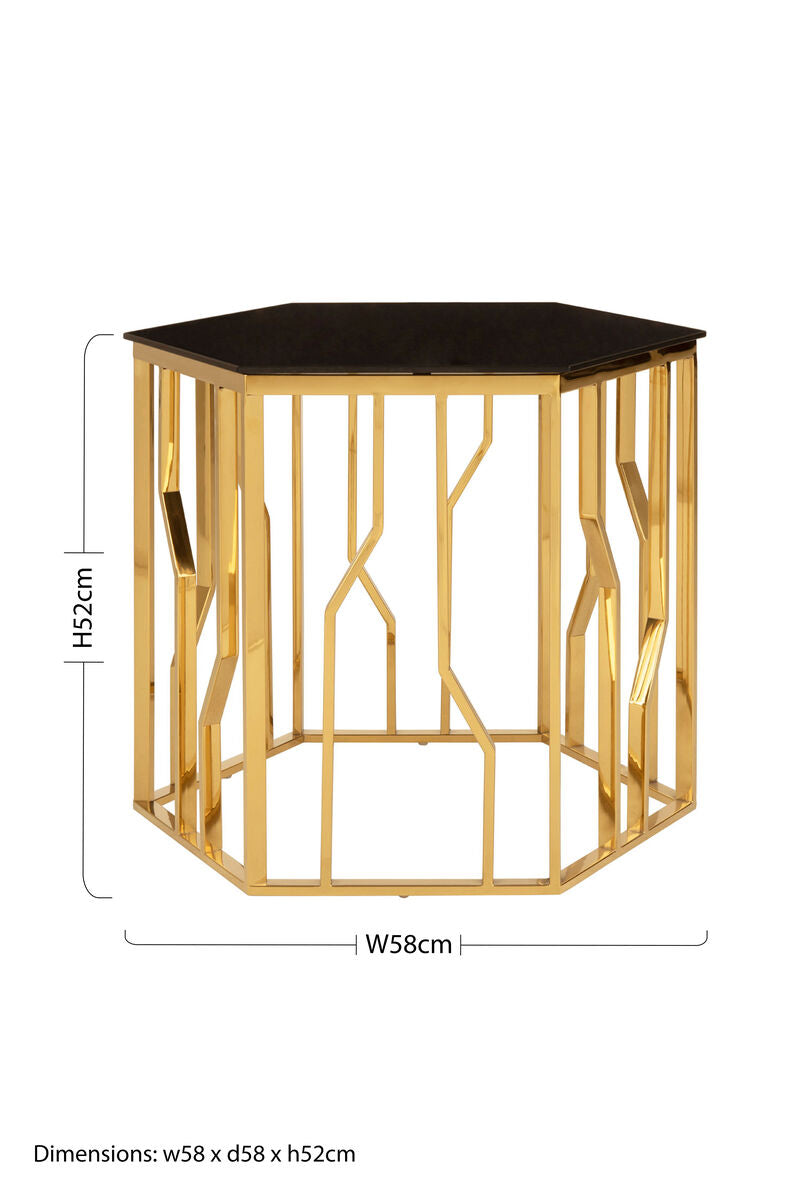 Alvaro Gold Stainless Steel Hexagonal Side Table with Black Glass Top