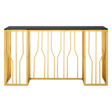 Gold Stainless Steel Frame Console Table with Black Tempered Glass Top | Alvaro