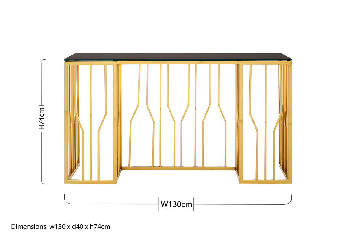 Alvaro Gold Stainless Steel Console Table with Black Glass Top