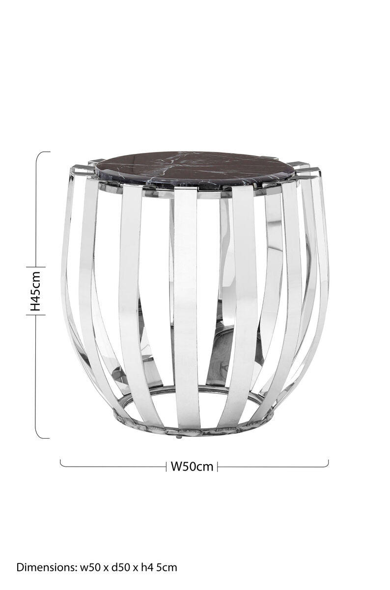 Alvaro Chrome Stainless Steel Side Table with Black Marble Top