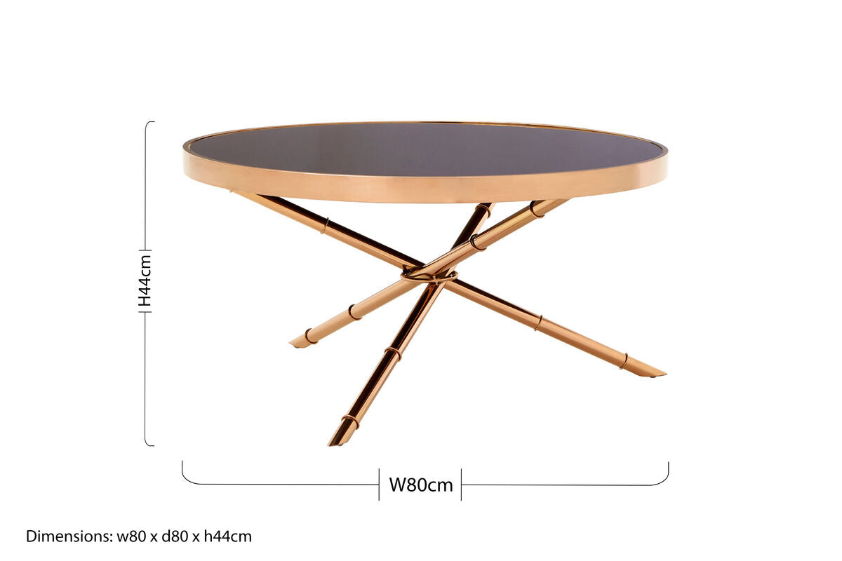 Alvaro Round Coffee Table With Rose Gold Legs And Black Glass Top