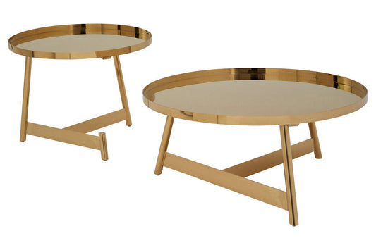 Alvaro Gold Metal Set of 2 Round Tables with Raised Rims